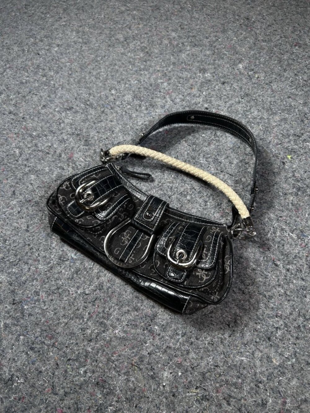Guess Vintage Y2K Monogram Shoulder Bag Black Signature Logo Croc Trim Handbag
